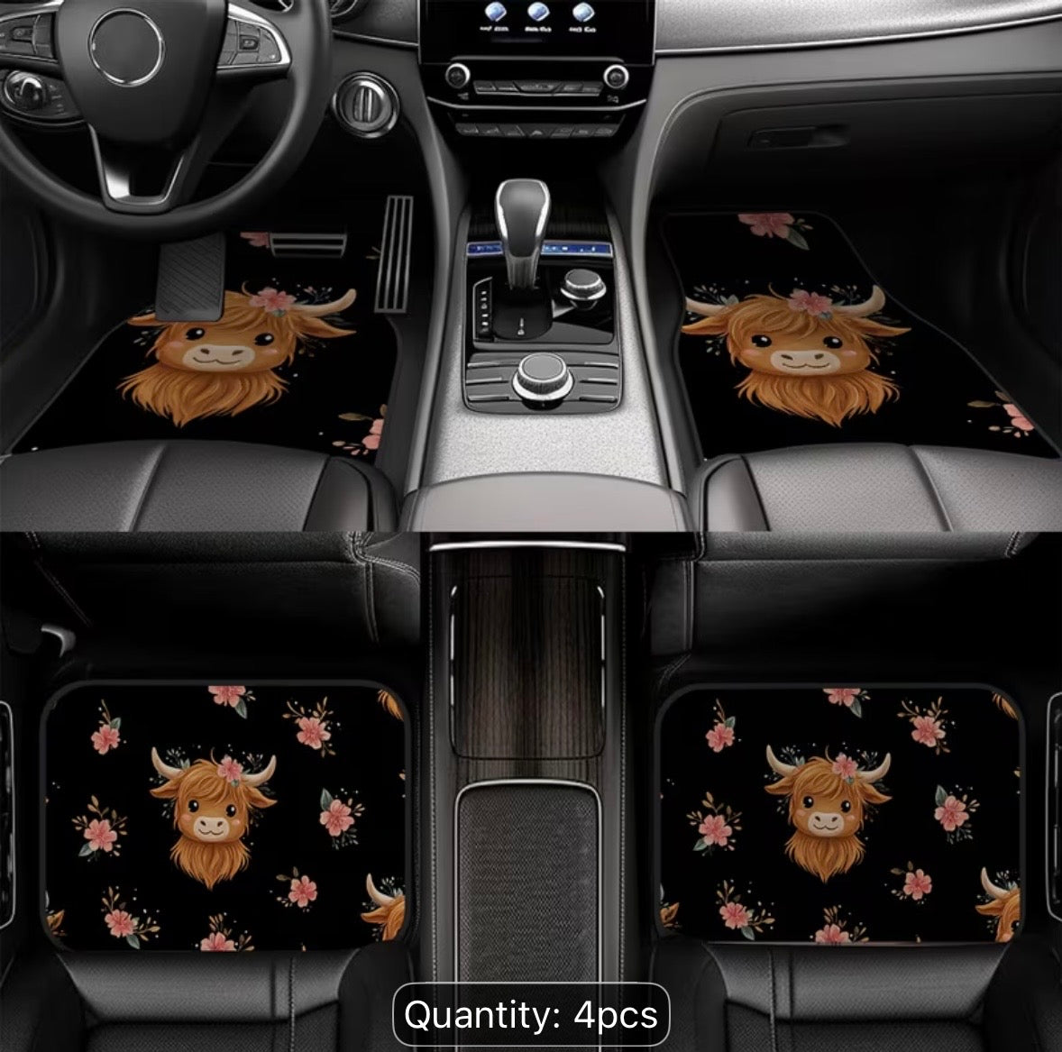 4pc Set of Stylish Floral Highland Cow Pattern Print Car Floor Mats