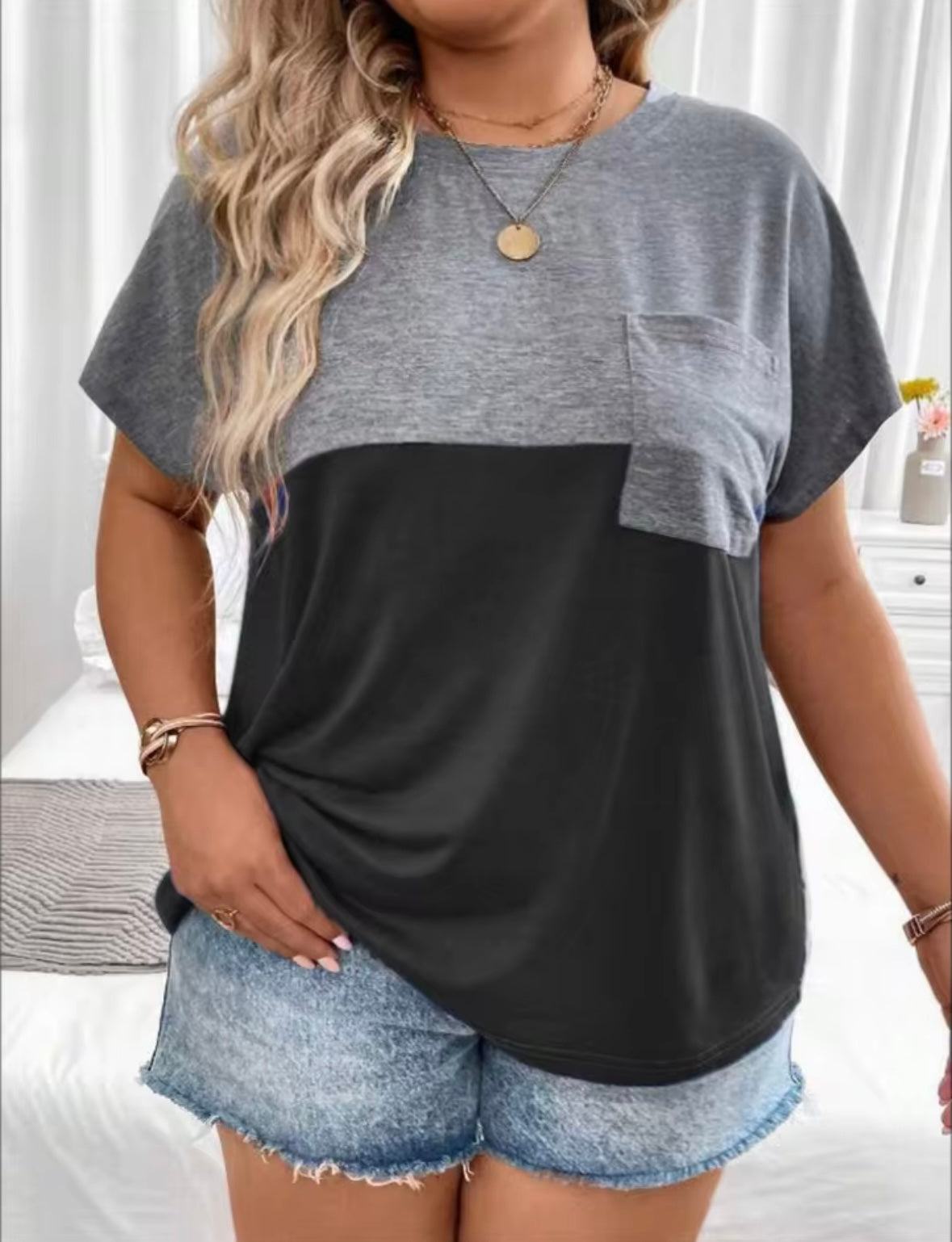 Plus Size Cross Border Women's Short Sleeve Patchwork Pocket T-shirt