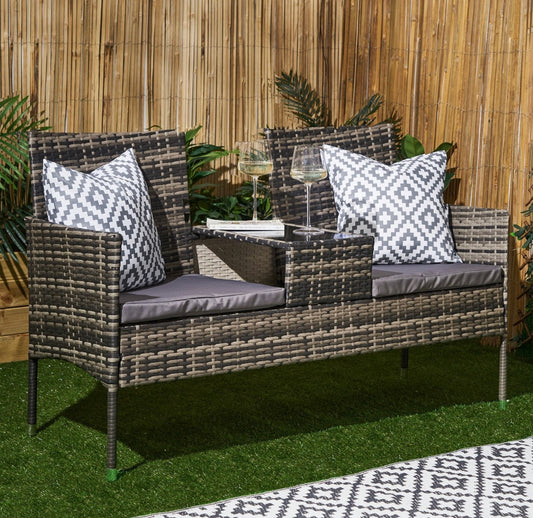 2 Seater Garden Rattan Companion Bench Table Set - Grey