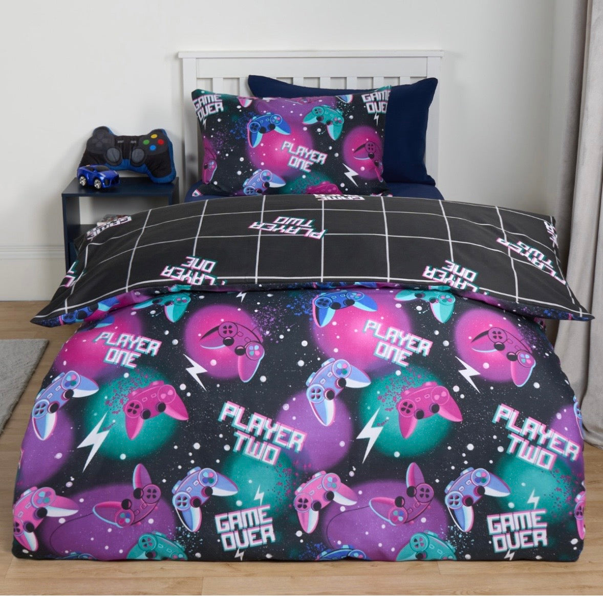 Neon Gaming Check Reversible Duvet Cover Set - Black