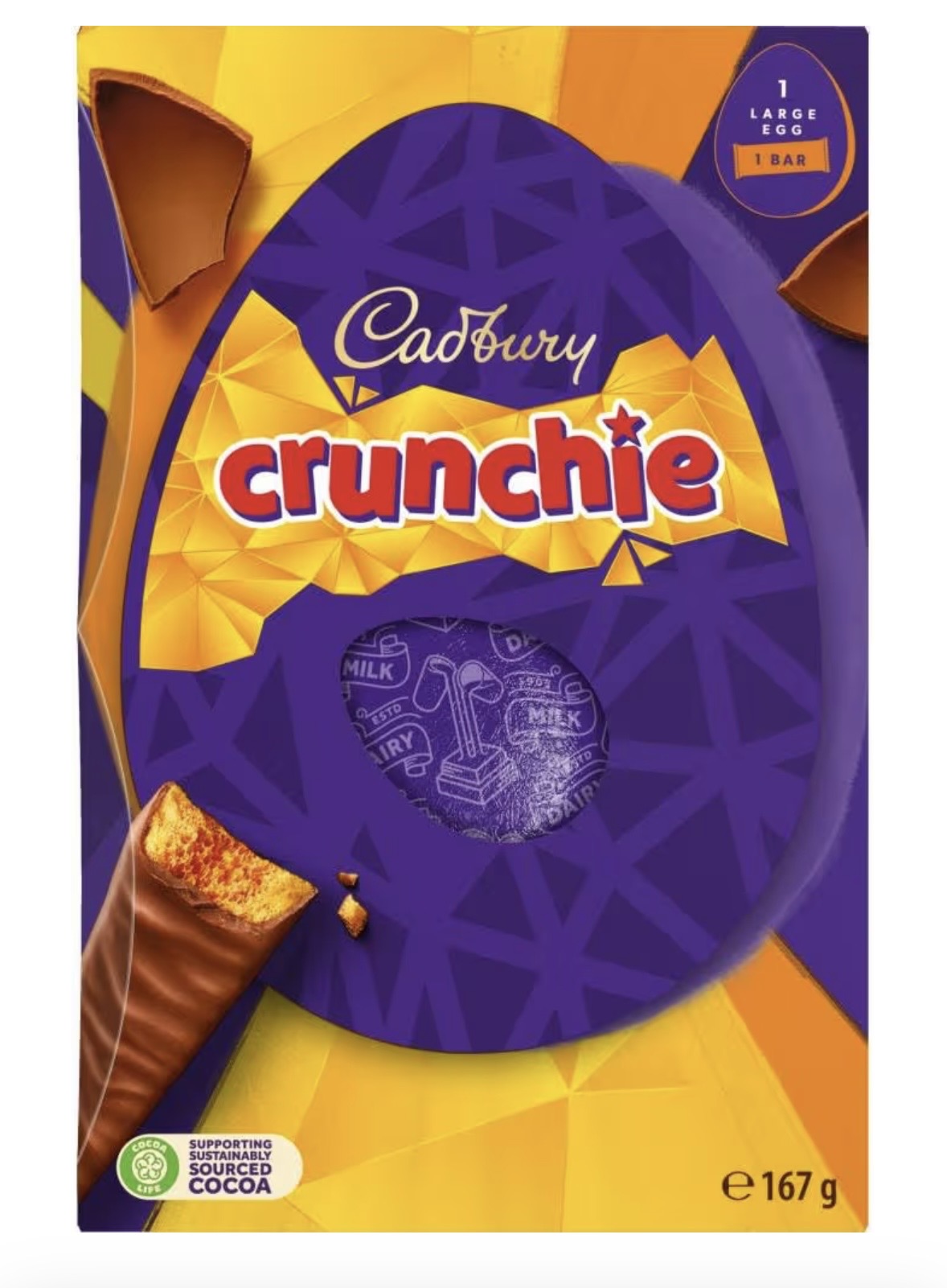 Cadbury Dairy Milk Crunchie Easter Egg, Includes 1 Large Egg and 1 Crunchie Bar, Gift for Easter