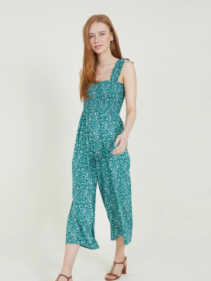 Womens Viscose Smocked Jumpsuit Meadow Ditsy Green