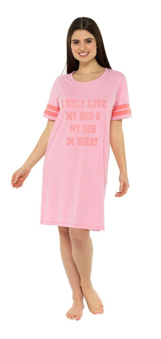Womens Varsity 'I Only Love My Bed and My Dog' Pink Nightie