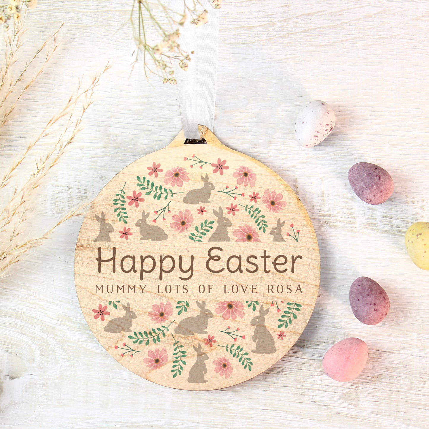 Personalised Floral Easter Wooden Decoration