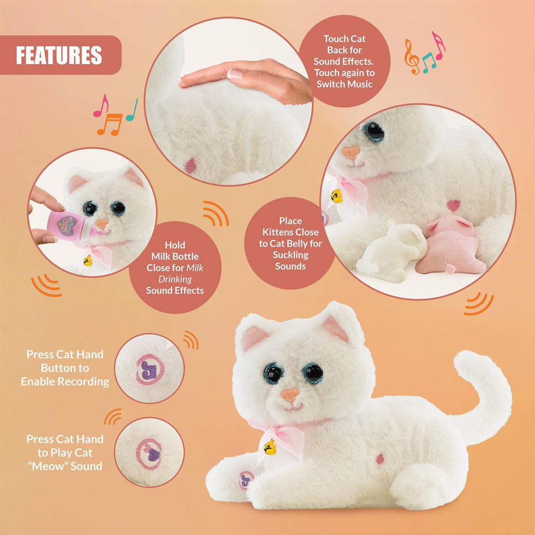 Interactive Plush Cat with 2 Kittens and Sounds