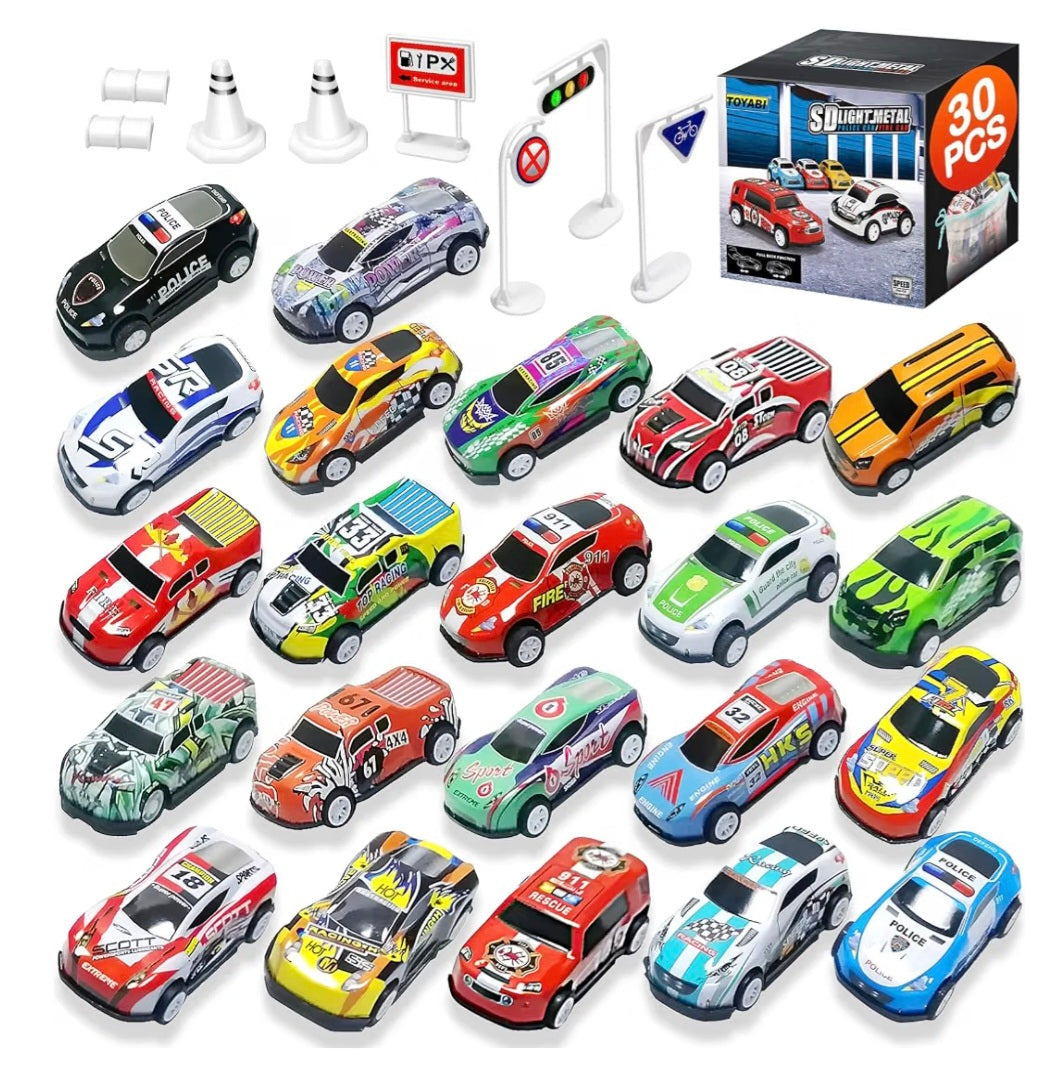 22Pcs Metal Race Car Set with 8 Roadblock