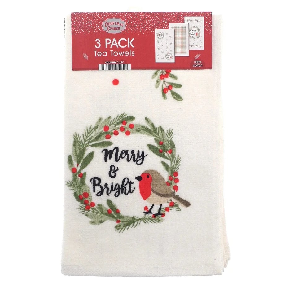 Merry & Bright Robin Tea Towels 3 Pack
