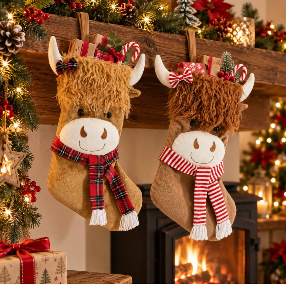 Highland Cow Motif Christmas Stocking Assorted 53cm