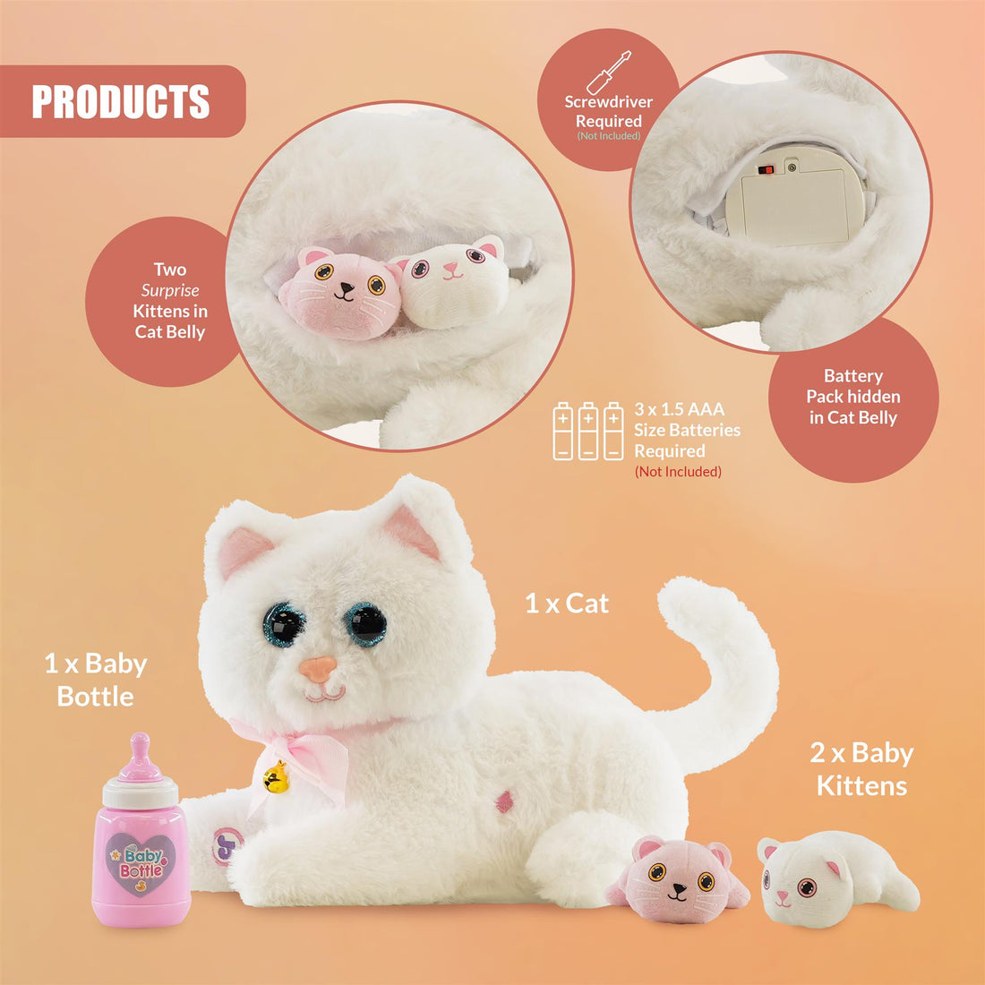 Interactive Plush Cat with 2 Kittens and Sounds
