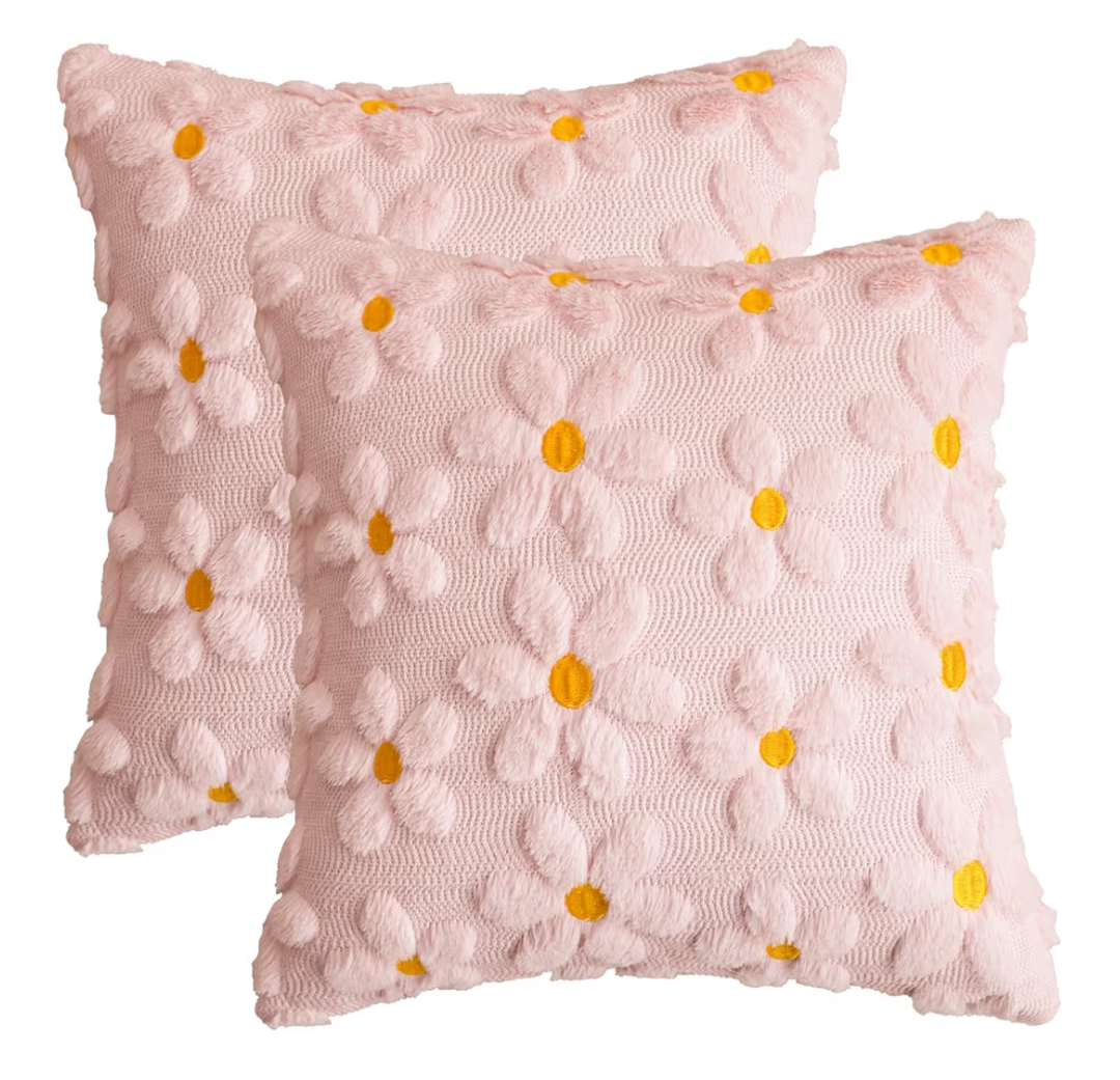 Soft Plush Faux Fur Daisy Spring Cushion Covers Set of 2 45x45 cm