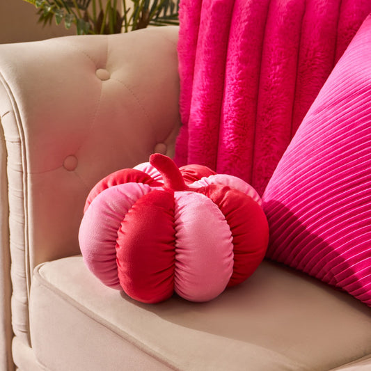 Velvet Stripe Pumpkin Cushion - Pink/Red