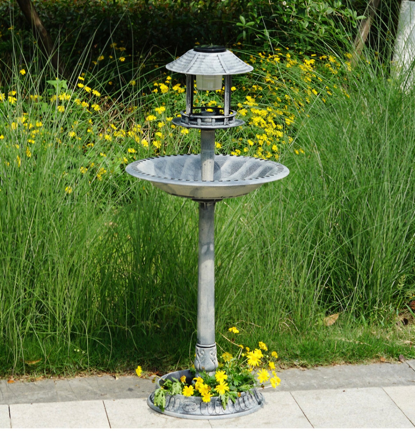 Grey Pedestal Bird Bath Feeder Planter With Solar Light Garden Table