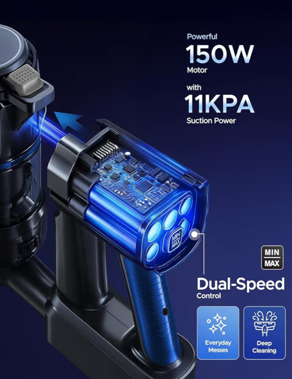 Cordless Vacuum Cleaner – Speed Suction with Easy Reach Bendable Wand – LED Display – Stick Hoover – Pet Hair – Carpet & Hard Floor Clean (150W)