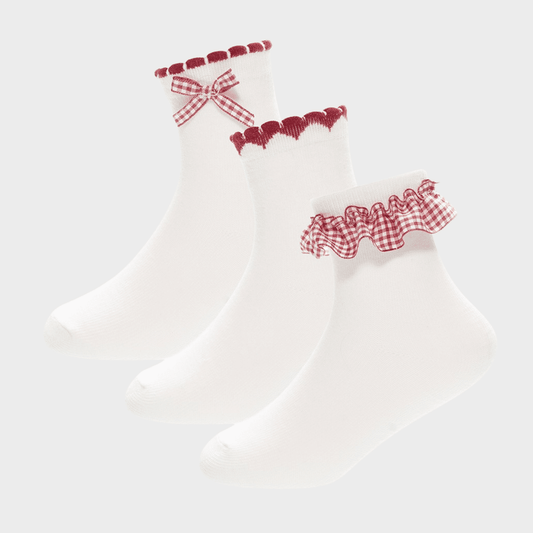 Girls 3pk Red Gingham Lace Sock