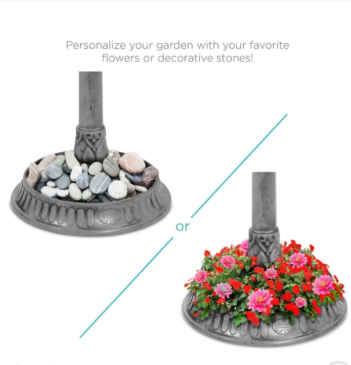 Grey Pedestal Bird Bath Feeder Planter With Solar Light Garden Table