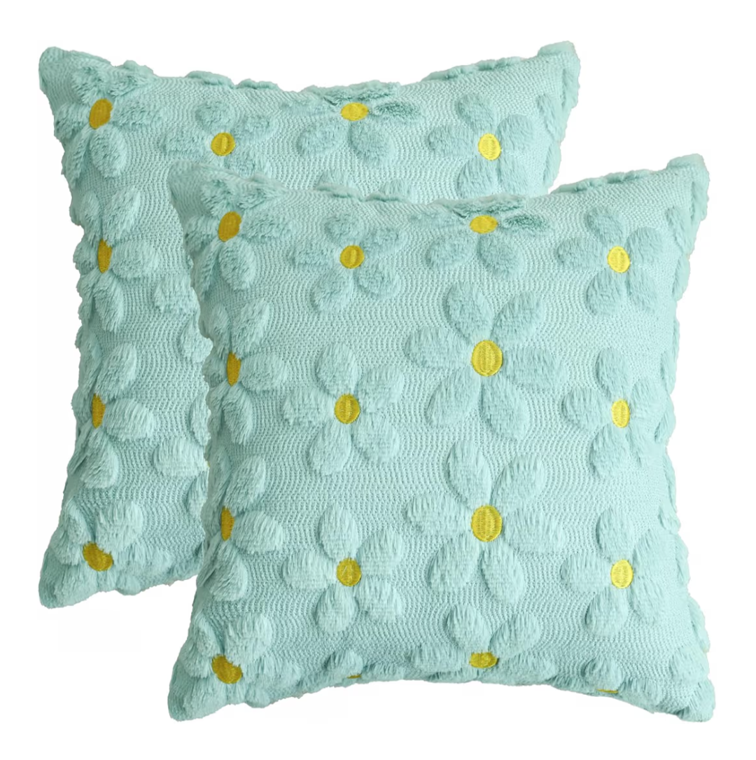 Soft Plush Faux Fur Daisy Spring Cushion Covers Set of 2 45x45 cm