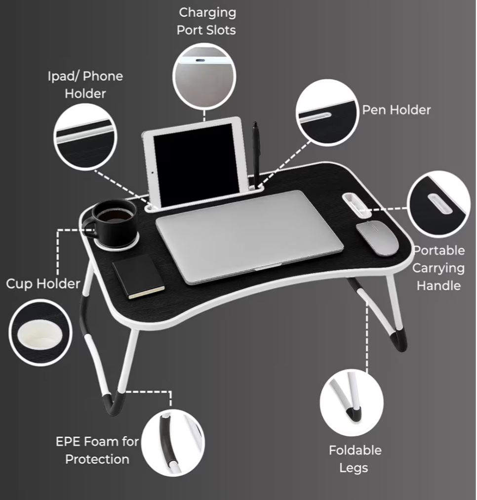 Laptop Bed Table Desk with Foldable Legs & Cup Slot