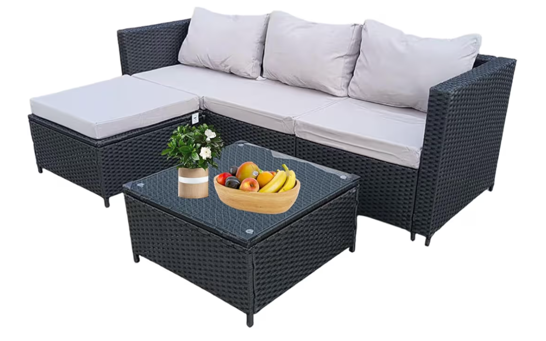 Garden Corner Sofa 4-Seater All-Weather Rattan Corner Sofa with Tempered Glass Coffee Table