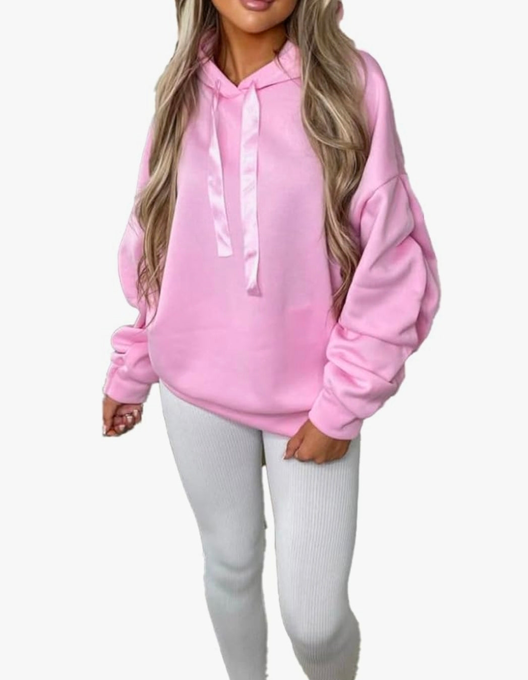 RUCHED SLEEVE HOODIE WITH RIBBON