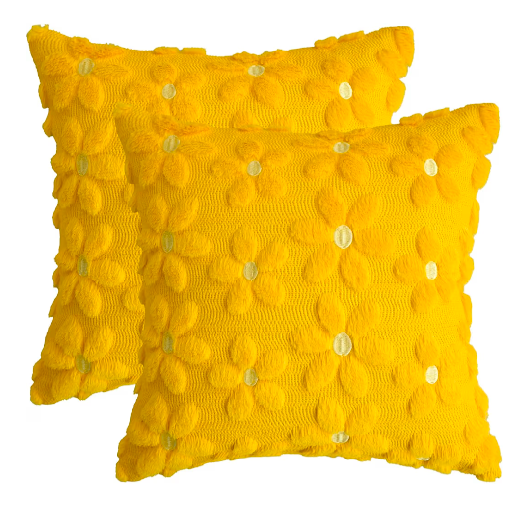 Soft Plush Faux Fur Daisy Spring Cushion Covers Set of 2 45x45 cm