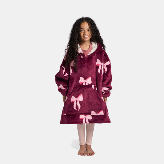 Kids Bow Print Hoodie Blanket - Burgundy/Pink