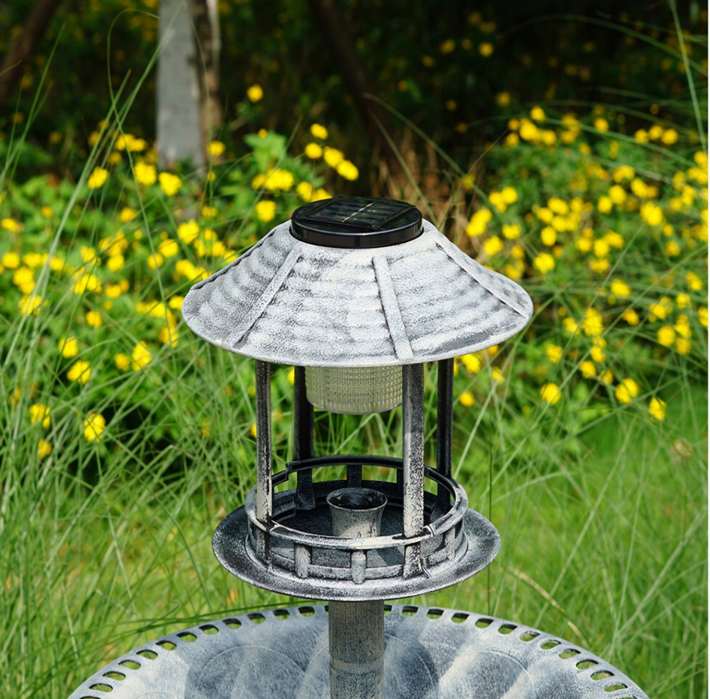 Grey Pedestal Bird Bath Feeder Planter With Solar Light Garden Table